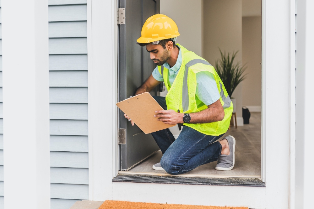 A man with a safety vest inspecting a house and making a record of the problems.