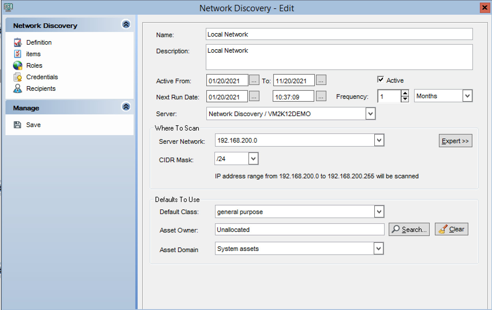 Network Discovery Scan Proeprties