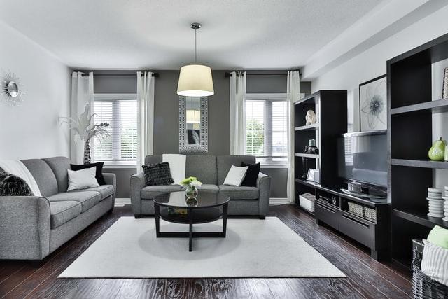 A modern grey and white living room.