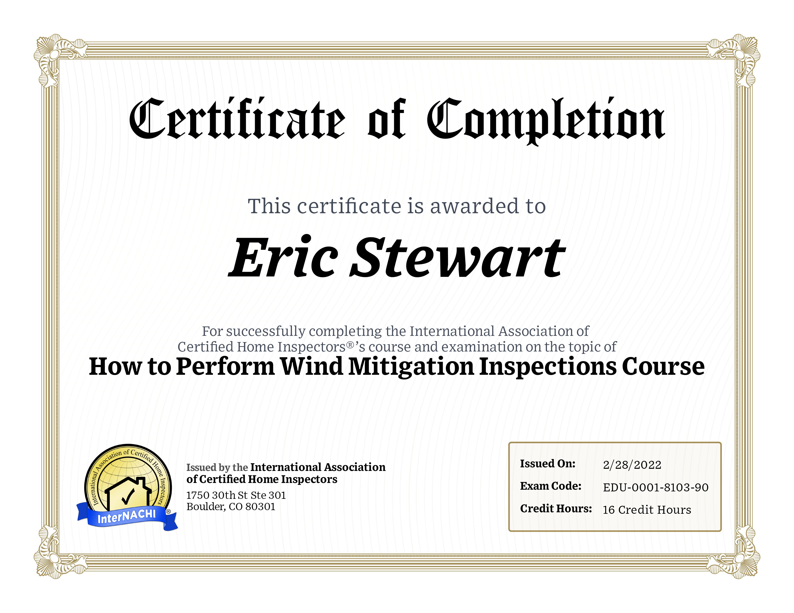 Chris - Real Estate Inspection Course Completion Certification 120hr