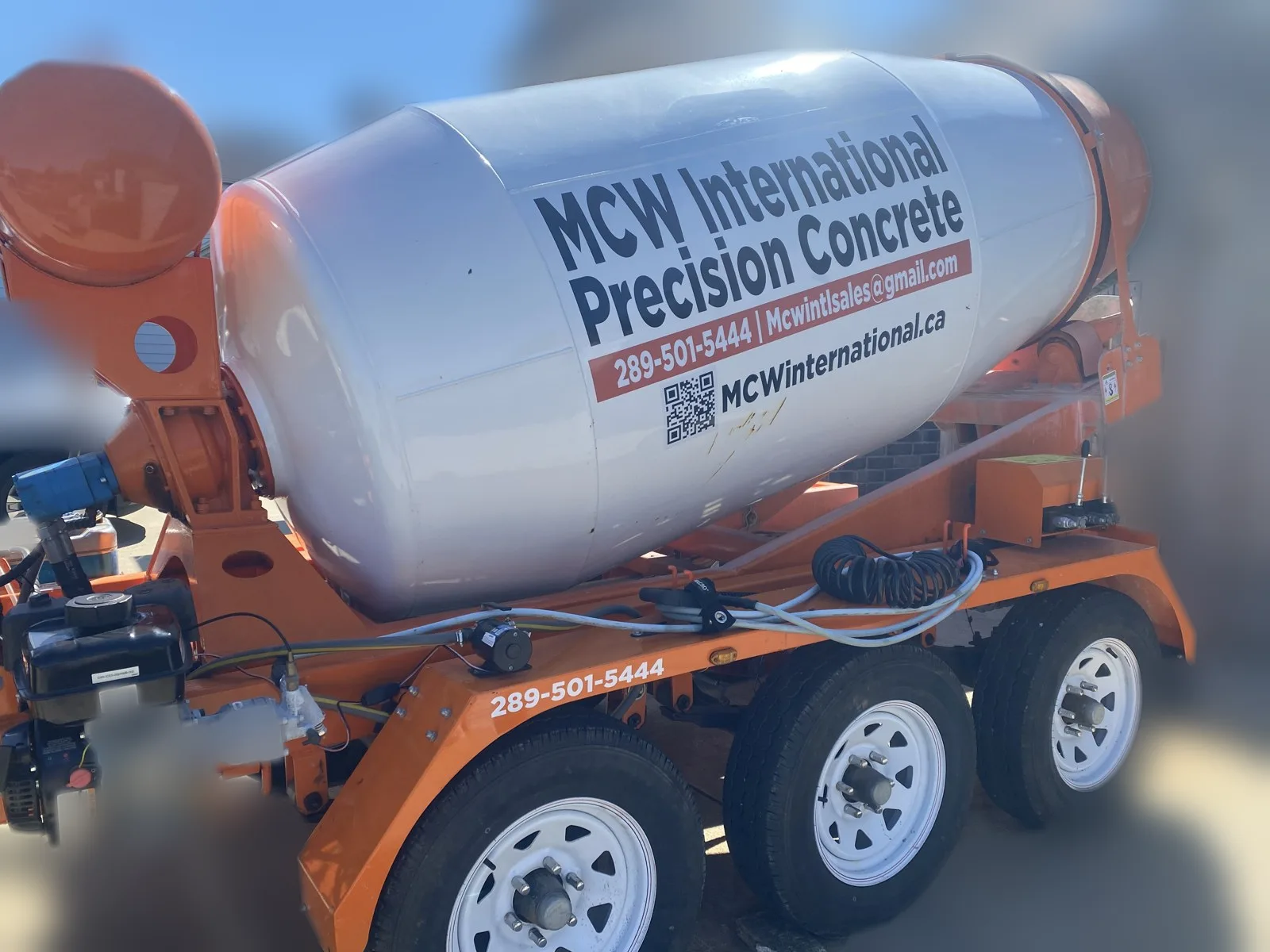 MCW International small batch concrete mixer trailer in the Niagara Region